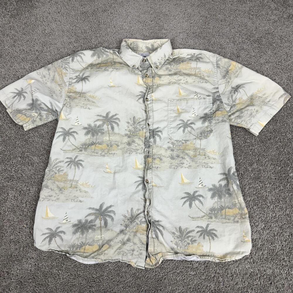 Michael Austin Shirt Mens Medium Gray Palm Tree Hawaiian Aloha Button Front